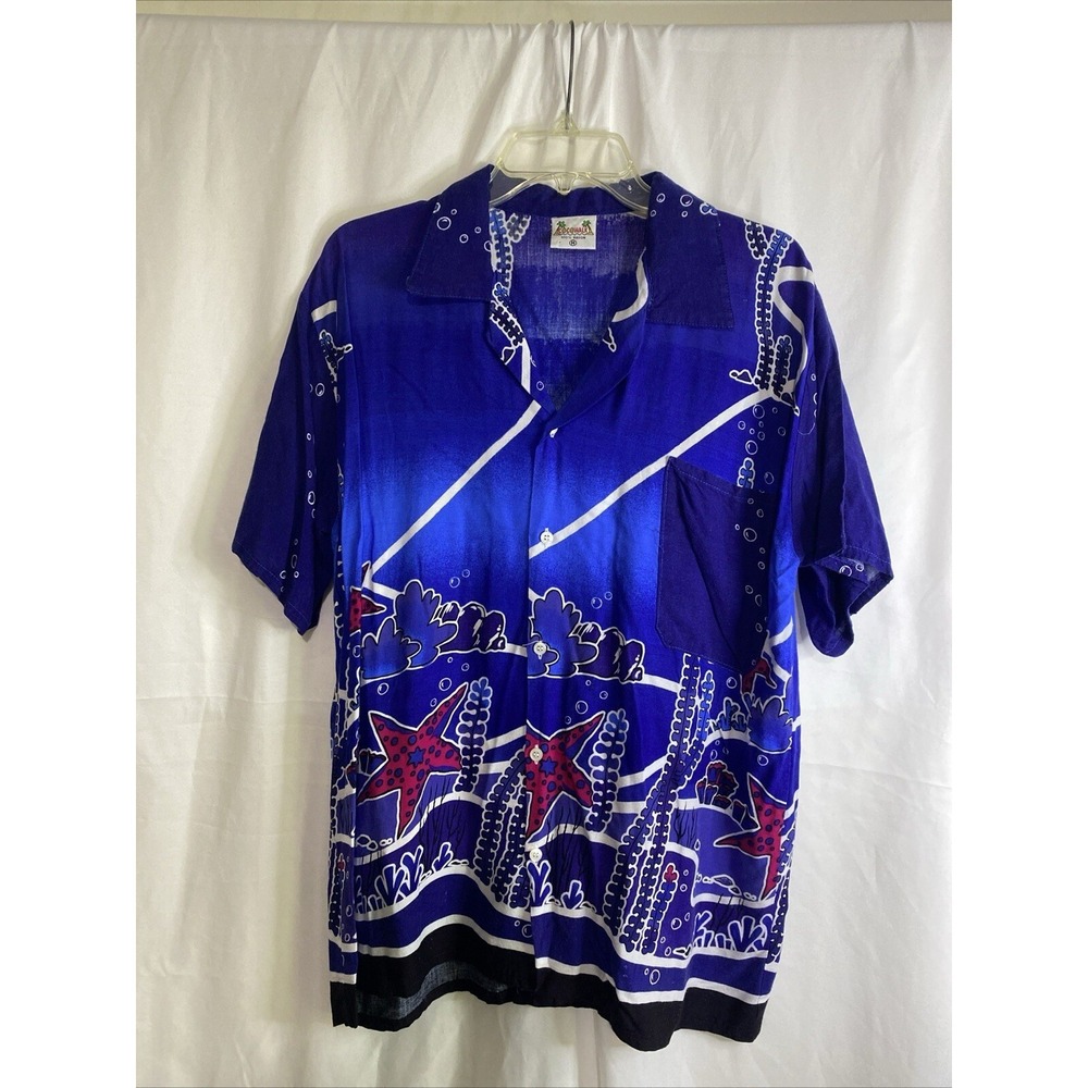 Cocowalk Starfish Hawaiian Shirt Mens M Blue Excellent Rayon Camp Collar Beach